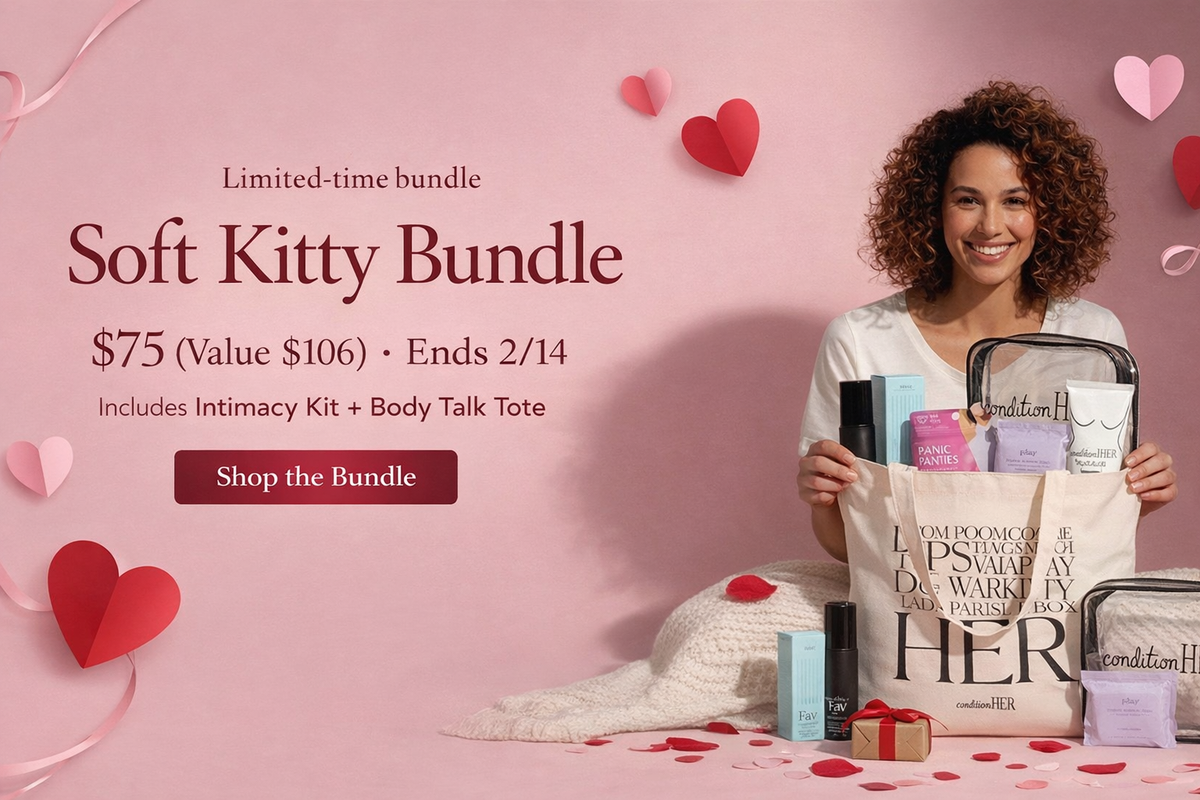 Woman holding a tote bag with products on a pink background with heart shapes, promoting a 'Soft Kitty Bundle'.