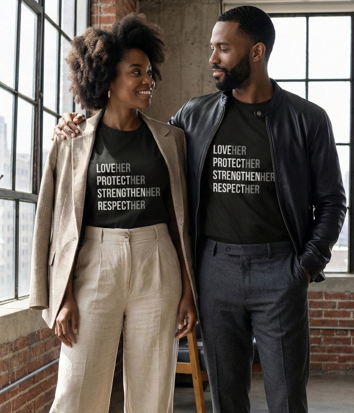 Man and woman standing together in a modern interior setting wearing matching black t-shirts.