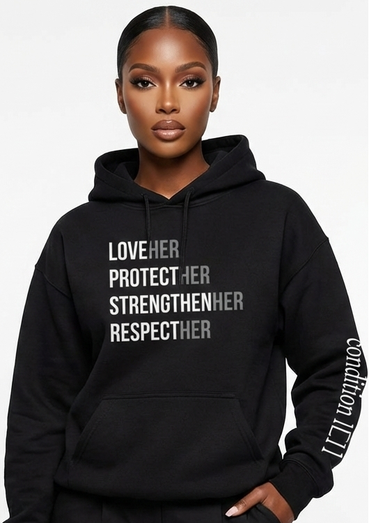 Person wearing a black hoodie with text and a visible brand logo.