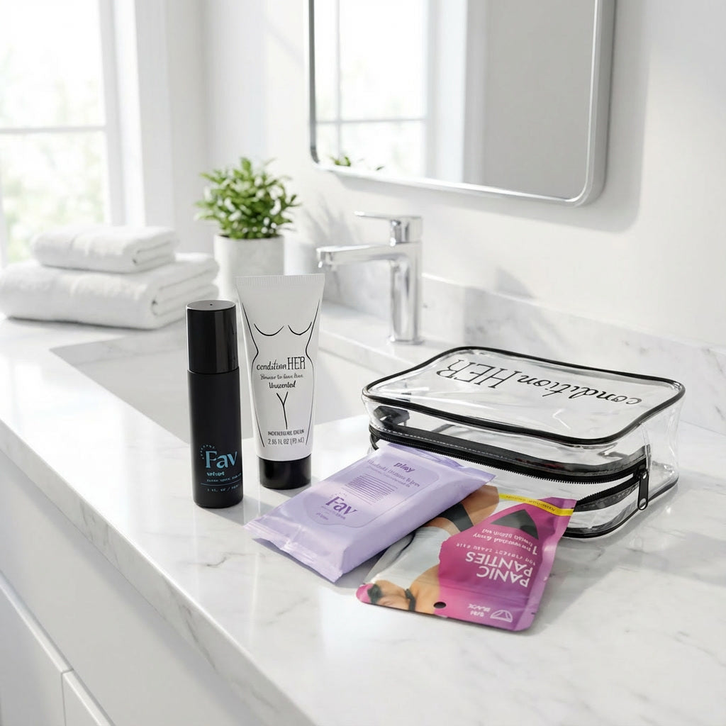 Cosmetic bag with skincare products on a bathroom counter