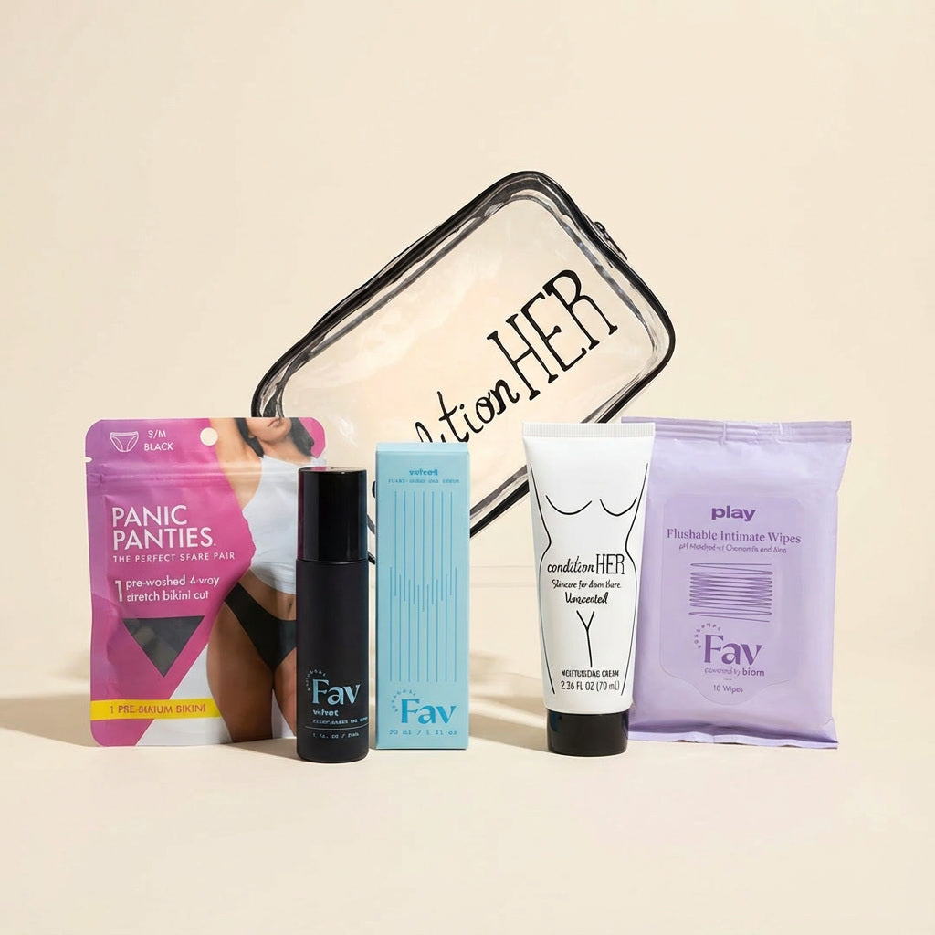 Collection of personal care products with visible branding on a beige background