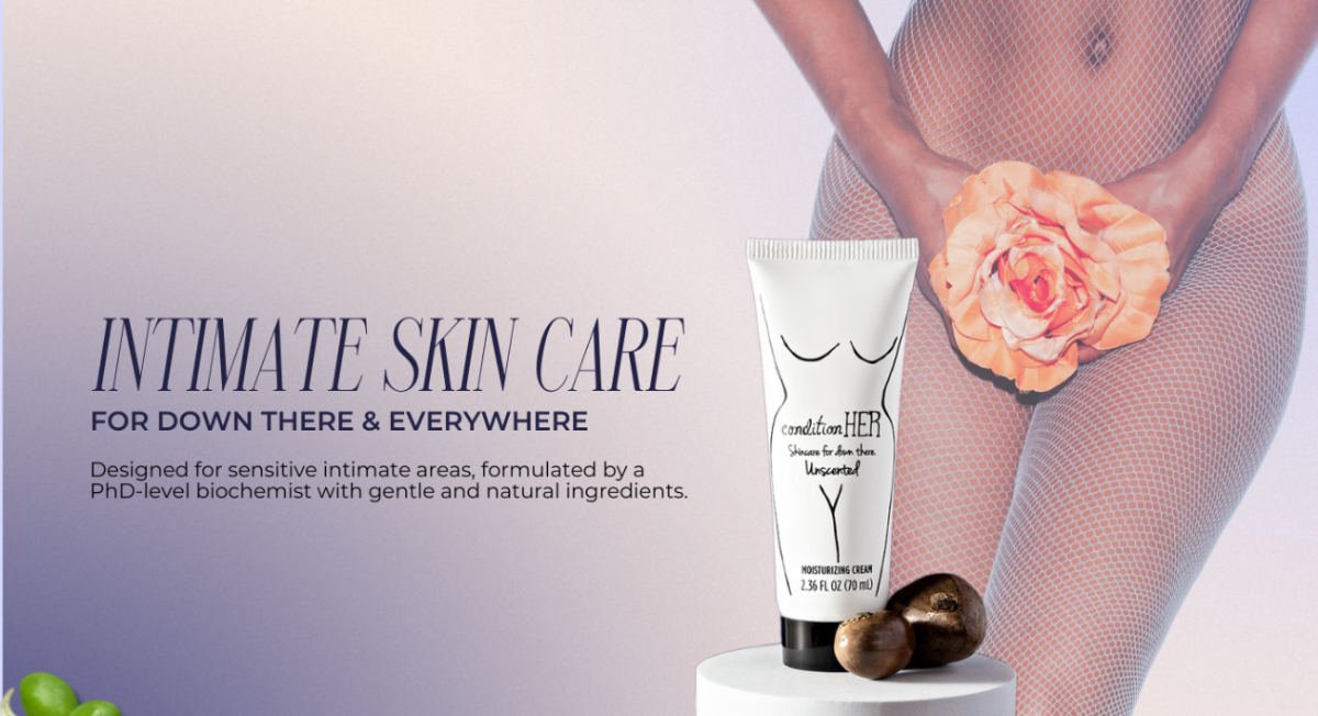 Product packaging for intimate skin care with text and a person holding a flower.